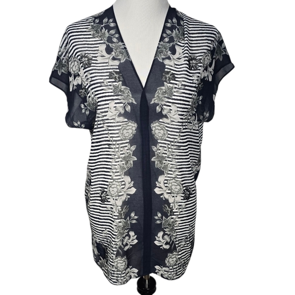 CAbi Tops - Cabi Size Small Blue White Gray Floral Striped Sheer Blouse
